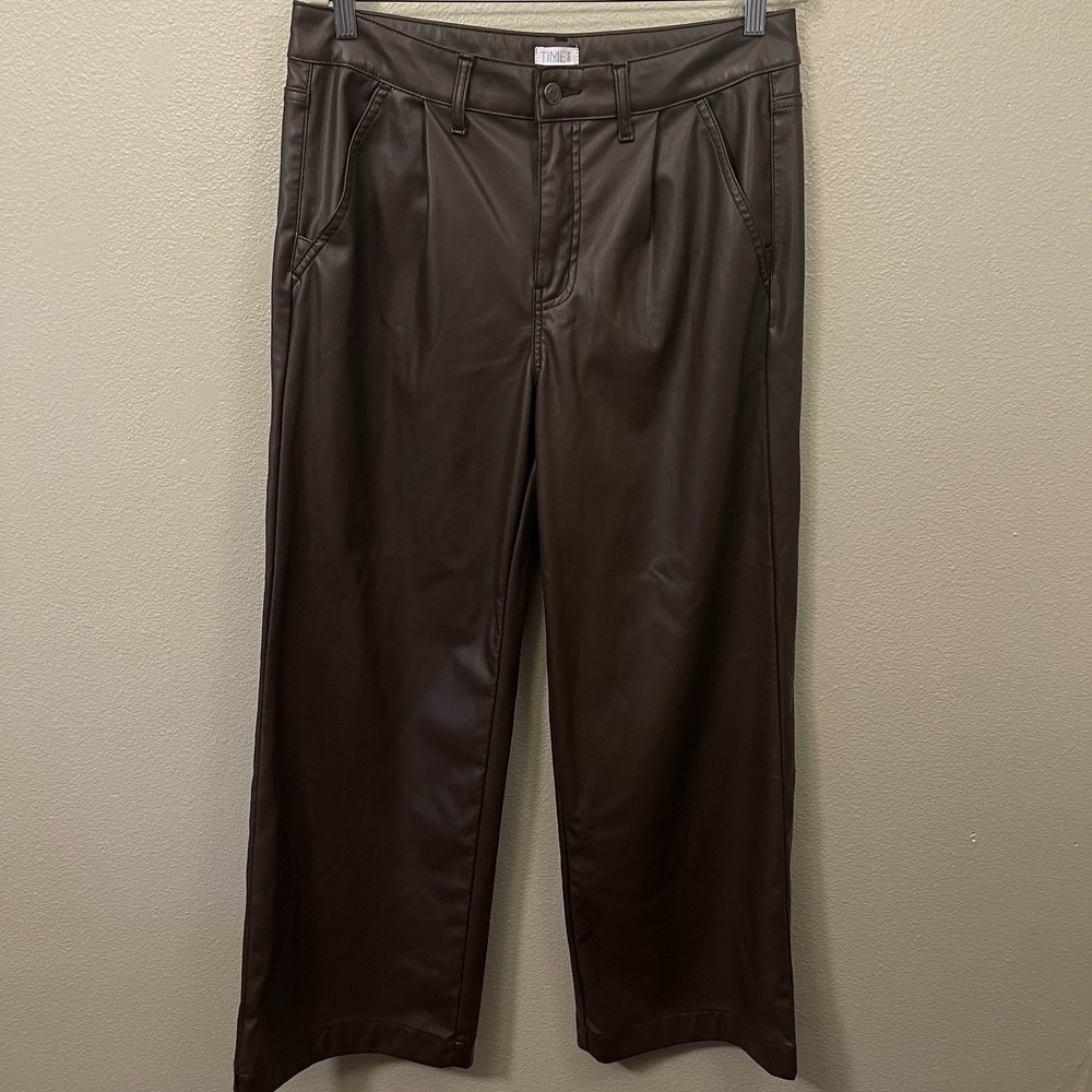 Time & Tru Wide Leg Faux Leather Pants‎ Brown Lined Baddie Women's Sz 12 - 34x29